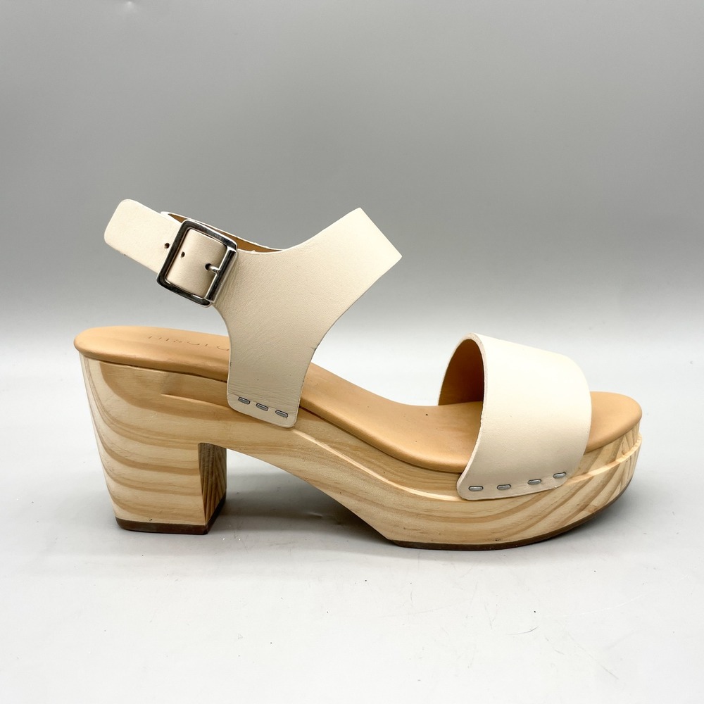 Nisolo Womens 7.5 All Day Open Toe Clogs Wood Platform Heel Sandals Bone White